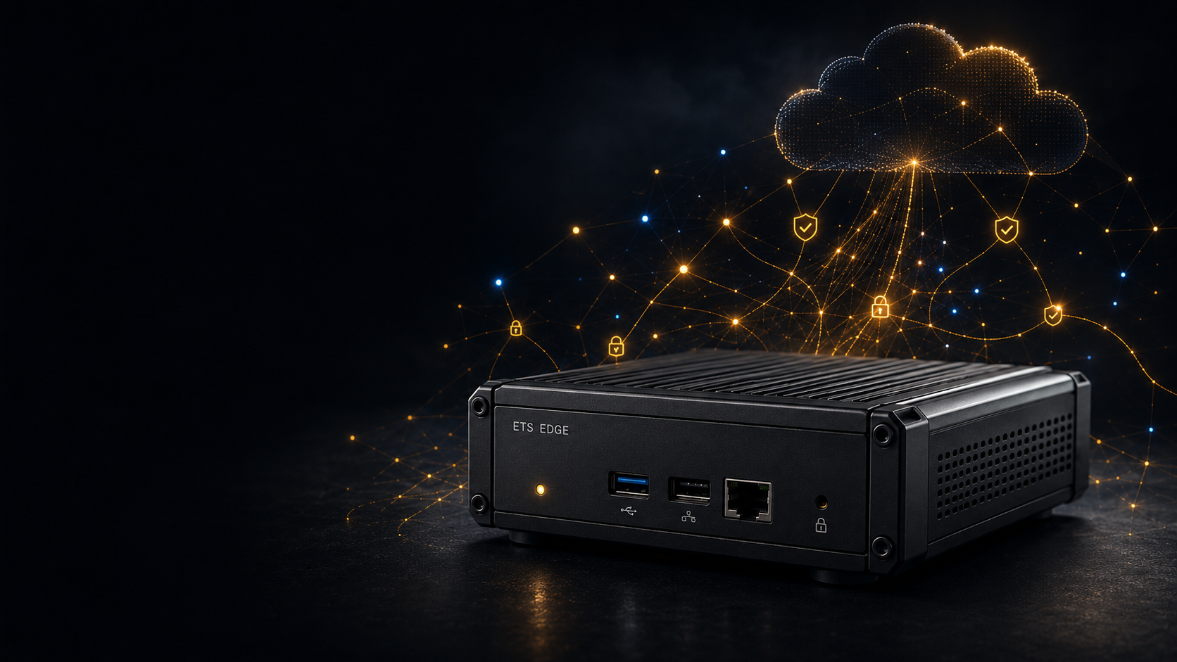 A compact ETS Edge appliance connected to a luminous cryptographic evidence network and cloud